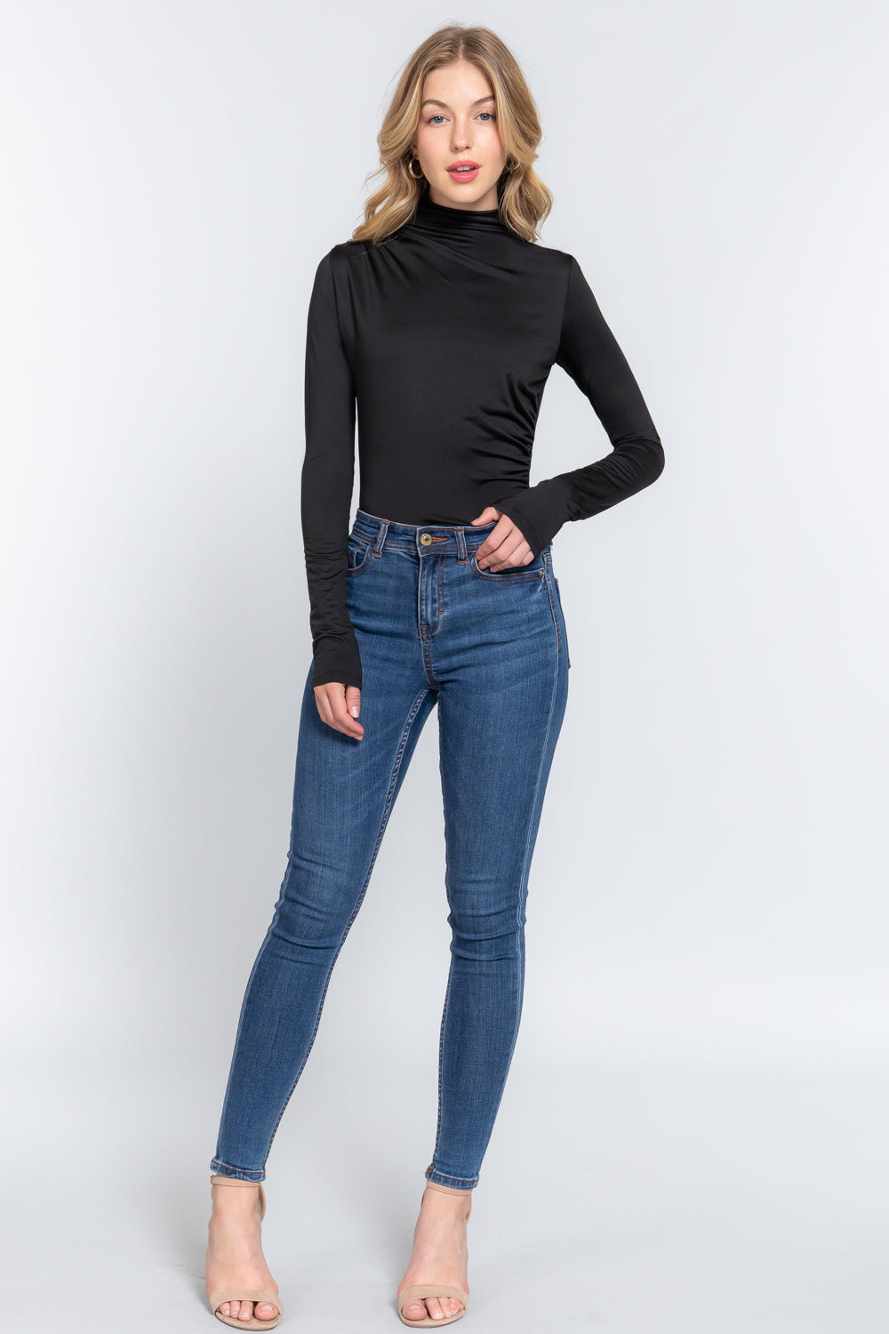 Black - Long Sleeve High Neck Shirring Detail Ity Knit Bodysuit - 3 colors - womens bodysuit at TFC&H Co.