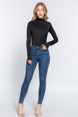 Black - Long Sleeve High Neck Shirring Detail Ity Knit Bodysuit - 3 colors - womens bodysuit at TFC&H Co.