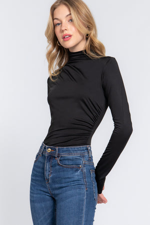 - Long Sleeve High Neck Shirring Detail Ity Knit Bodysuit - 3 colors - womens bodysuit at TFC&H Co.