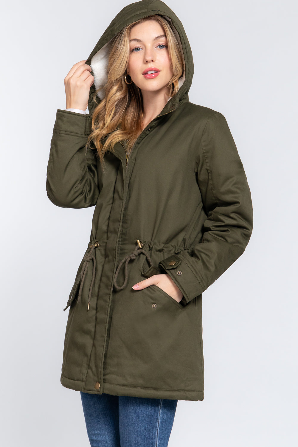 Olive S - Fleece Lined Fur Hoodie Utility Jacket - 4 colors - womens jacket at TFC&H Co.