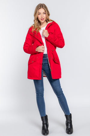 Red S - Fleece Lined Fur Hoodie Utility Jacket - 4 colors - womens jacket at TFC&H Co.
