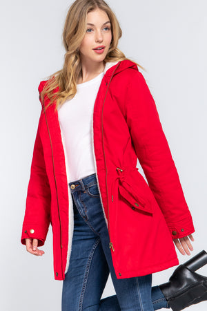 Red M - Fleece Lined Fur Hoodie Utility Jacket - 4 colors - womens jacket at TFC&H Co.