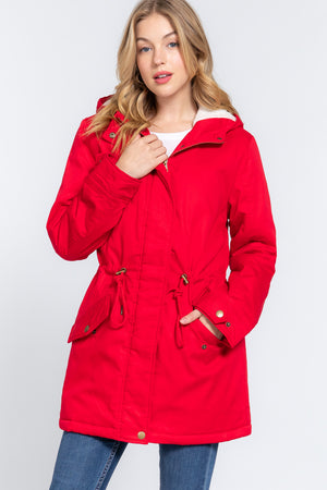 Red L - Fleece Lined Fur Hoodie Utility Jacket - 4 colors - womens jacket at TFC&H Co.