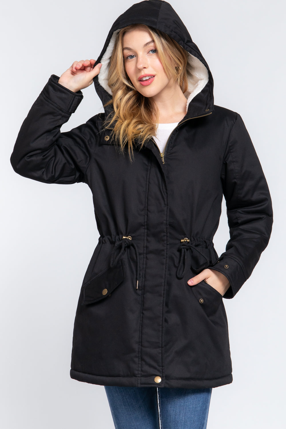Black L - Fleece Lined Fur Hoodie Utility Jacket - 4 colors - womens jacket at TFC&H Co.