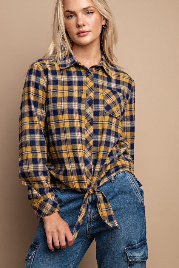 Mustard - Tie Front Button Down Plaid Shirt With Front Pocket - 2 colors - womens button up shirt at TFC&H Co.