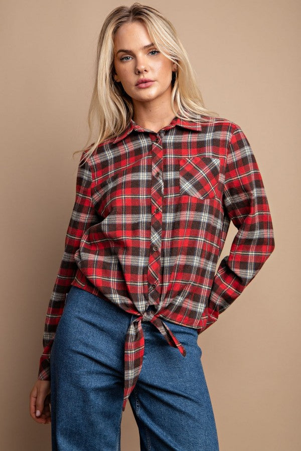 Red - Tie Front Button Down Plaid Shirt With Front Pocket - 2 colors - womens button up shirt at TFC&H Co.