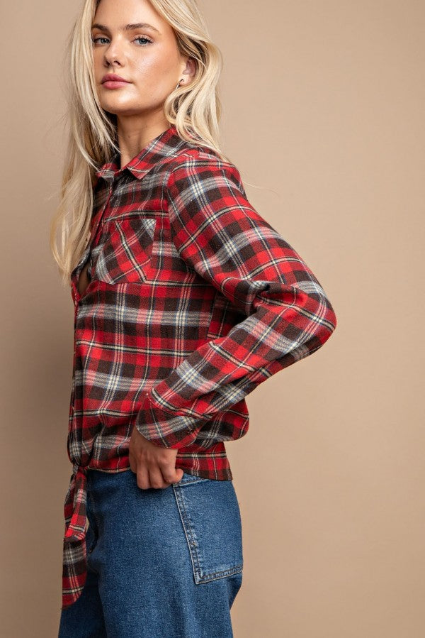 - Tie Front Button Down Plaid Shirt With Front Pocket - 2 colors - womens button up shirt at TFC&H Co.