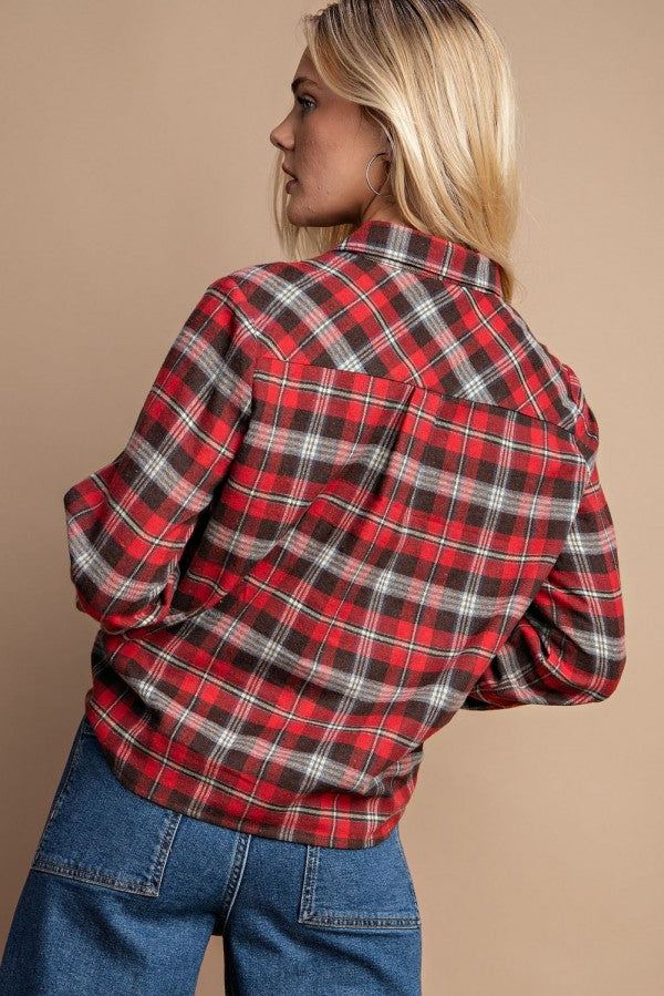 - Tie Front Button Down Plaid Shirt With Front Pocket - 2 colors - womens button up shirt at TFC&H Co.