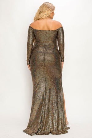 - Voluptuous (+) Plus Long Sleeve Off Shoulder Sequin Fabric (metallic) Party Maxi Dress - 2 colors - womens dress at TFC&H Co.