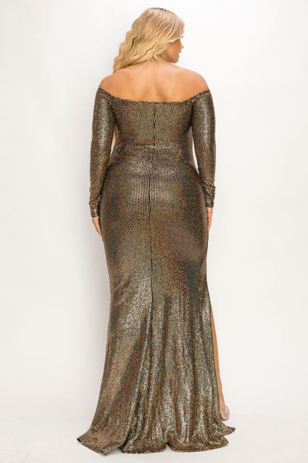 - Voluptuous (+) Plus Long Sleeve Off Shoulder Sequin Fabric (metallic) Party Maxi Dress - 2 colors - womens dress at TFC&H Co.