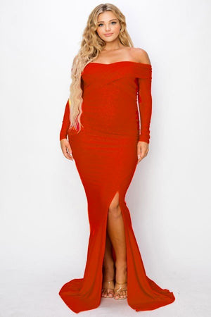 Red - Voluptuous (+) Plus Long Sleeve Off Shoulder Maxi Night Party Dress - 5 colors - womens dress at TFC&H Co.