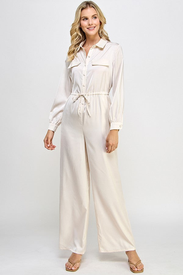 Champagne Long Sleeve Jumpsuit With Waist Drawstring - 5 colors - women's jumpsuit at TFC&H Co.