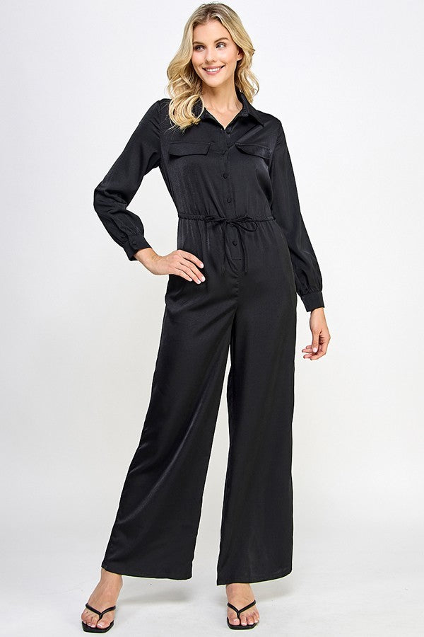 Black - Long Sleeve Jumpsuit With Waist Drawstring - 5 colors - womens jumpsuit at TFC&H Co.
