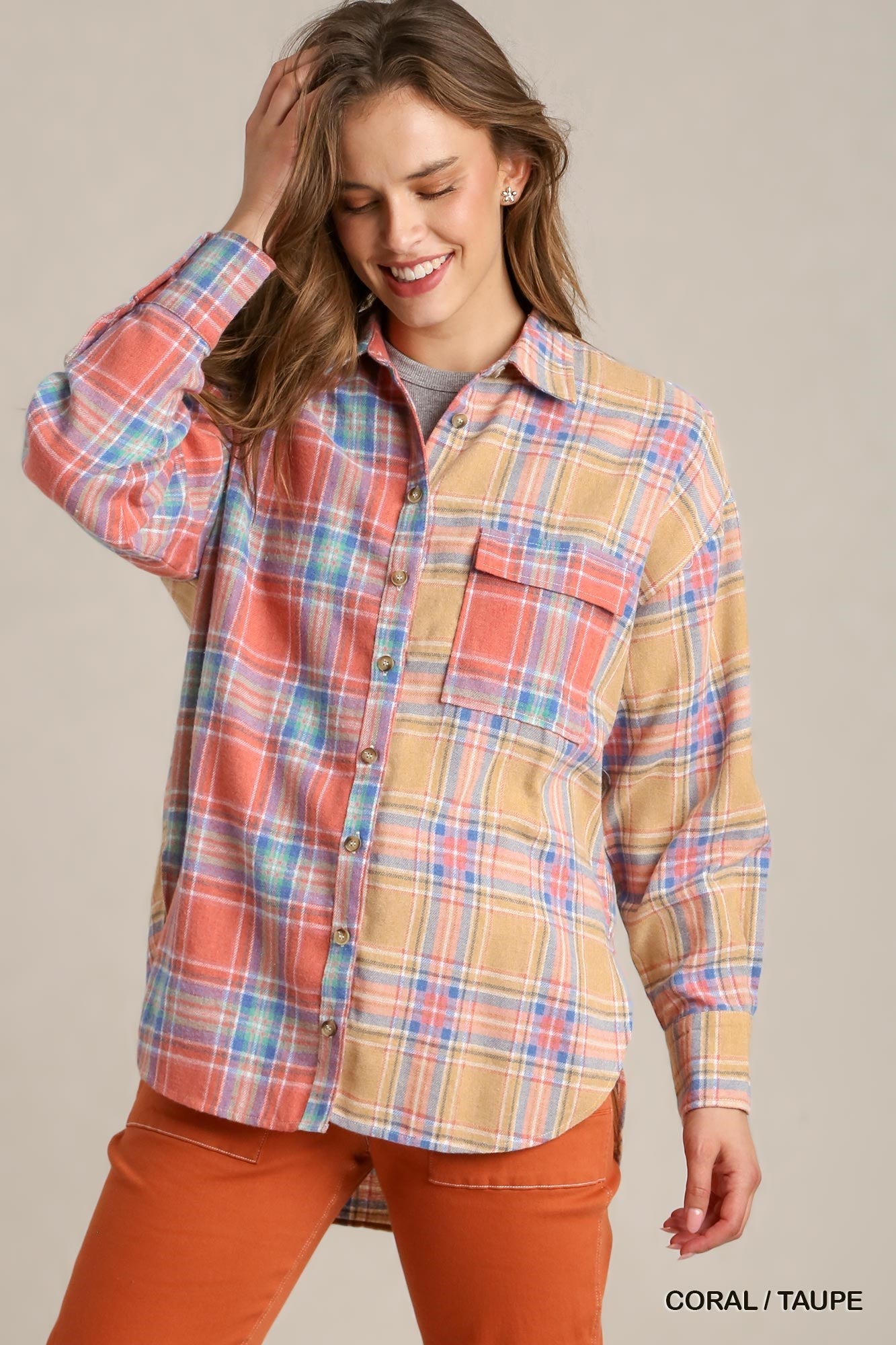 Coral Taupe - Mixed Plaid Boxy Cut Button Down Flannel With Front Pocket - 2 colors - womens shirt at TFC&H Co.