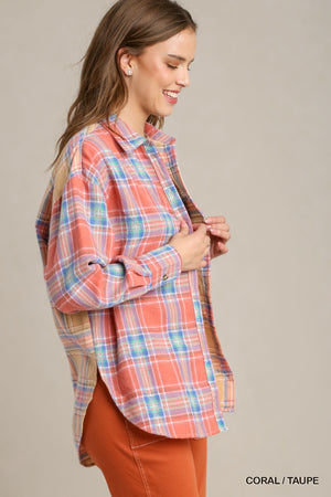 - Mixed Plaid Boxy Cut Button Down Flannel With Front Pocket - 2 colors - womens shirt at TFC&H Co.