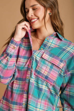 - Mixed Plaid Boxy Cut Button Down Flannel With Front Pocket - 2 colors - womens shirt at TFC&H Co.
