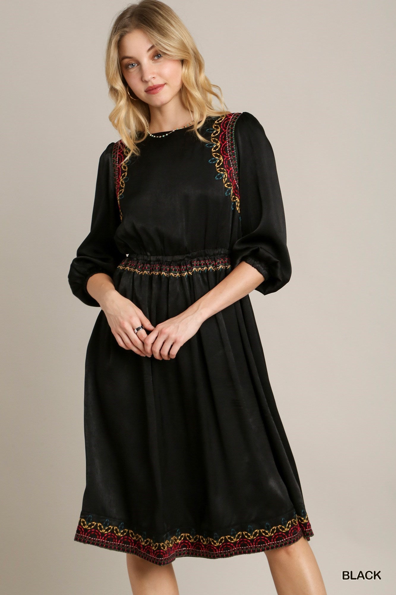 Black Satin Round Neck Embroidery Midi Dress - 2 colors - women's dress at TFC&H Co.