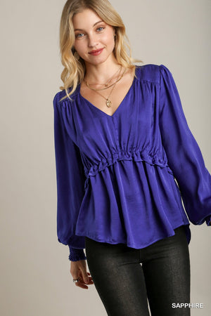 - Satin V-neck Ruffle Baby Doll Top With Cuffed Long Sleeve - 3 colors - womens blouse at TFC&H Co.