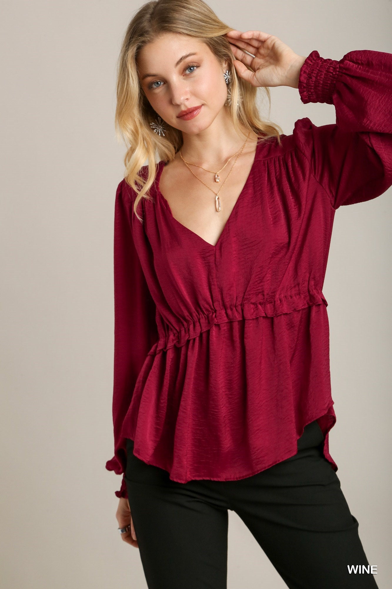 - Satin V-neck Ruffle Baby Doll Top With Cuffed Long Sleeve - 3 colors - womens blouse at TFC&H Co.