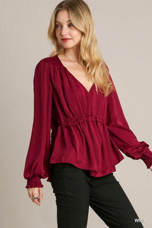 Wine - Satin V-neck Ruffle Baby Doll Top With Cuffed Long Sleeve - 3 colors - womens blouse at TFC&H Co.
