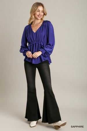 Sapphire - Satin V-neck Ruffle Baby Doll Top With Cuffed Long Sleeve - 3 colors - womens blouse at TFC&H Co.