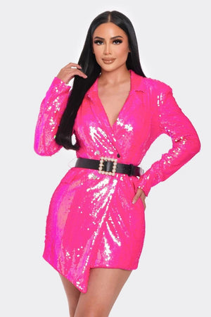 Hot Pink - Pearl Belted Sequin Blazer Mini Party Dress - 2 colors - womens dress at TFC&H Co.