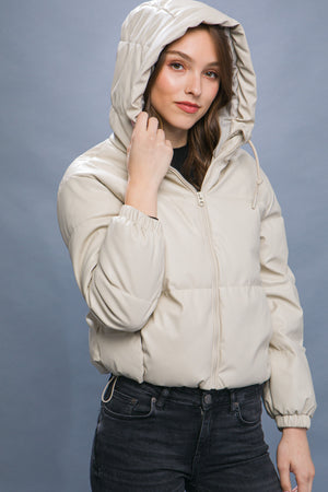 Cream - Pu Faux Leather Zipper Hooded Women's Puffer Jacket - 5 colors - womens coat at TFC&H Co.