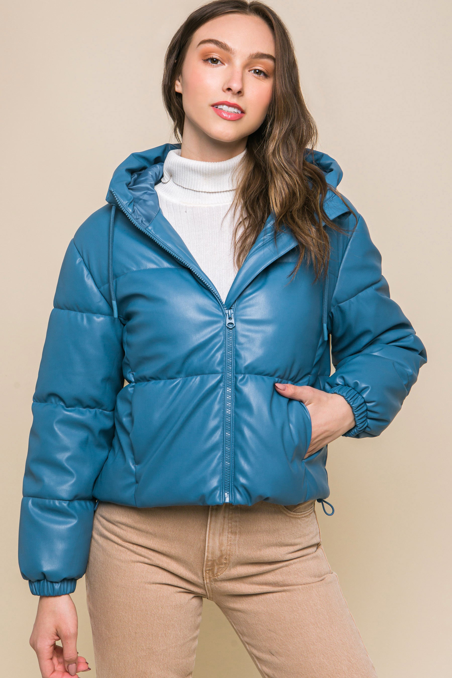 Azure - Pu Faux Leather Zipper Hooded Women's Puffer Jacket - 5 colors - womens coat at TFC&H Co.