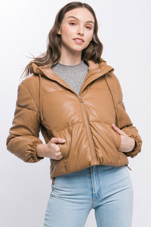 Camel - Pu Faux Leather Zipper Hooded Women's Puffer Jacket - 5 colors - womens coat at TFC&H Co.