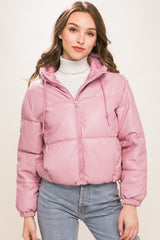 Pink - Pu Faux Leather Zipper Hooded Women's Puffer Jacket - 5 colors - womens coat at TFC&H Co.