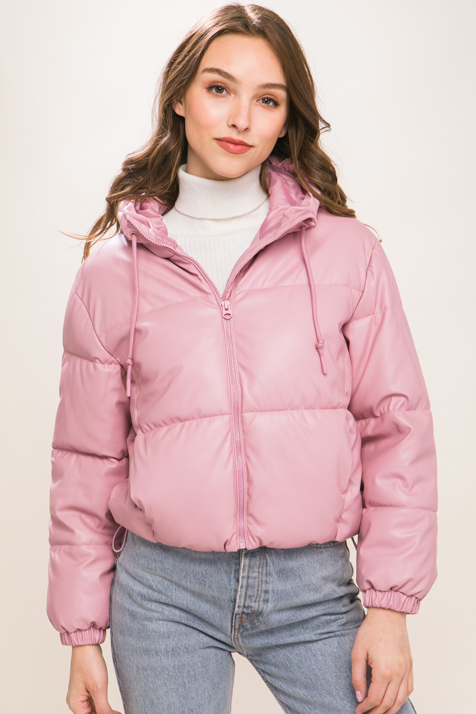 Pink - Pu Faux Leather Zipper Hooded Women's Puffer Jacket - 5 colors - womens coat at TFC&H Co.