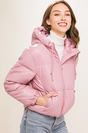 - Pu Faux Leather Zipper Hooded Women's Puffer Jacket - 5 colors - womens coat at TFC&H Co.
