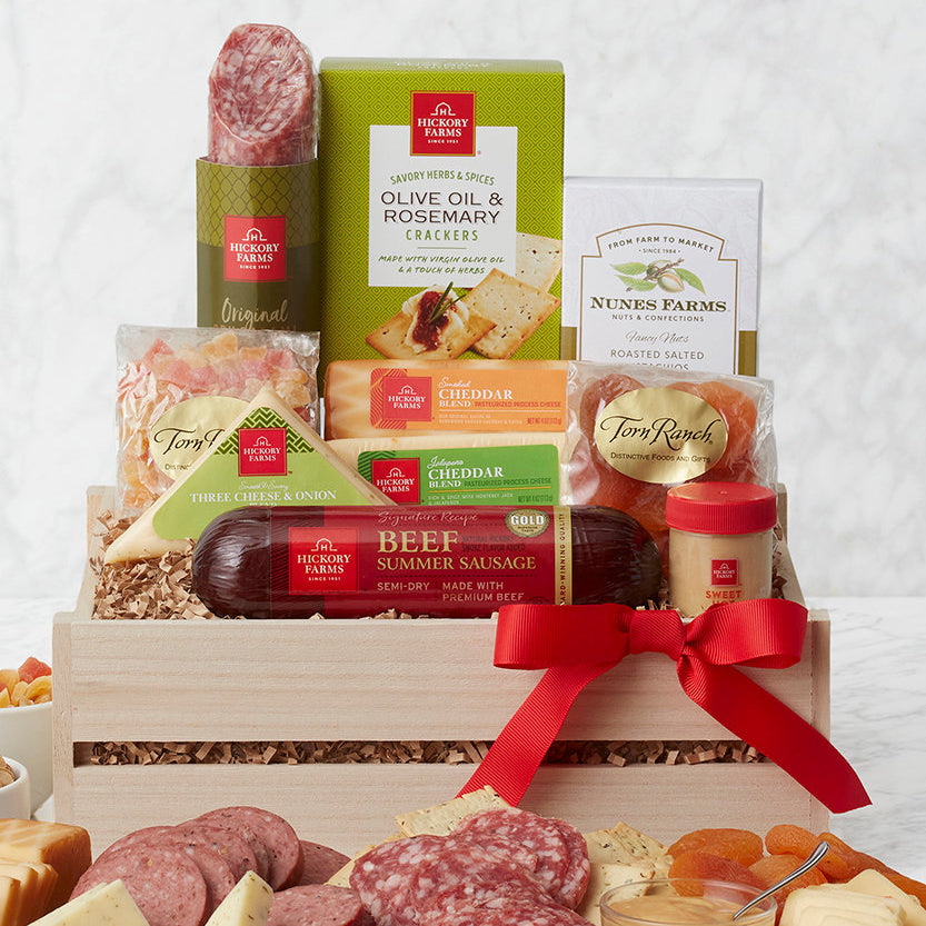 - Gourmet Deluxe: Meat & Cheese Wooden Gift Crate - Gift basket at TFC&H Co.