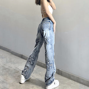 - Personality Letter Patch Loose Straight Jeans - womens jeans at TFC&H Co.
