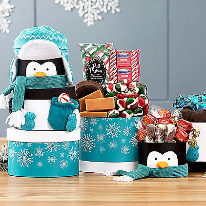 Penguin Treats: Christmas Holiday Gift Tower - Gift basket at TFC&H Co.