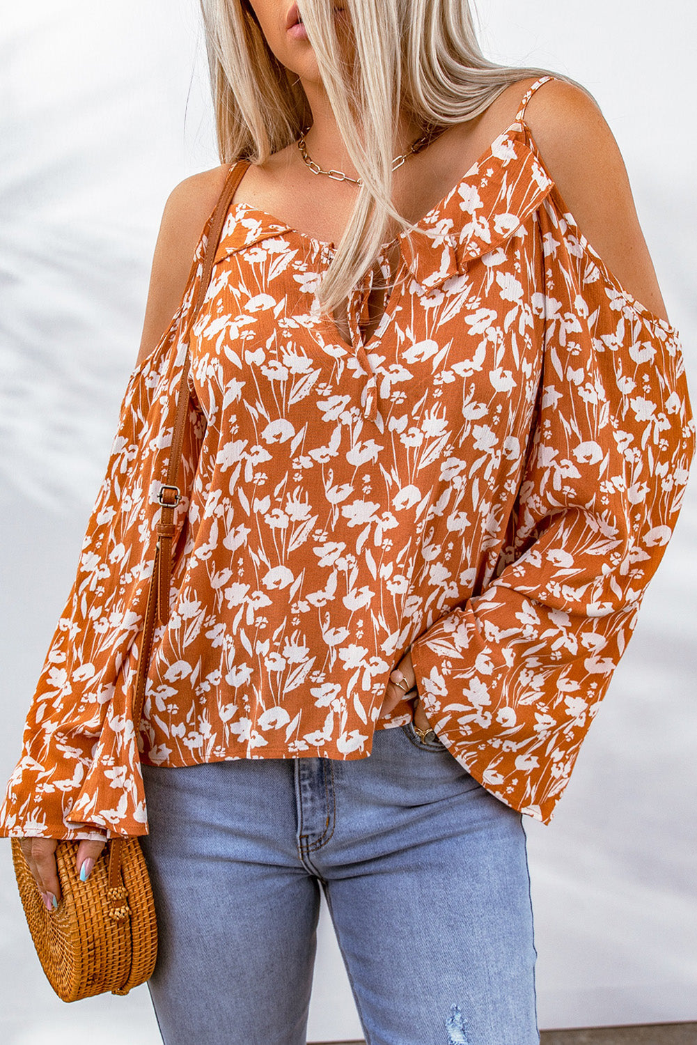 Floral Cold-Shoulder Flare Sleeve Blouse - women's blouse at TFC&H Co.