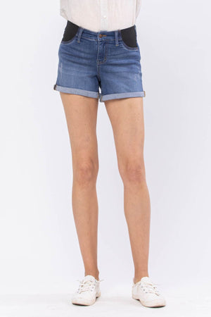BLUE - Judy Blue Mid-Rise Maternity Cuffed Denim Shorts - Ships from The US - womens denim shorts at TFC&H Co.