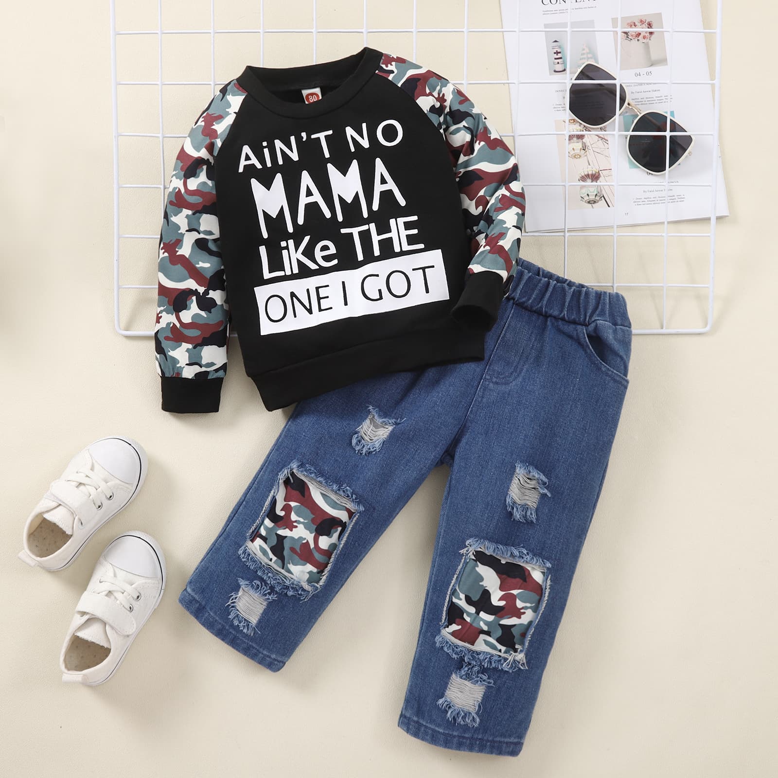 Kids Slogan Graphic Sweatshirt and Camoflague Patch Distressed Jeans Set - toddler's pants set at TFC&H Co.