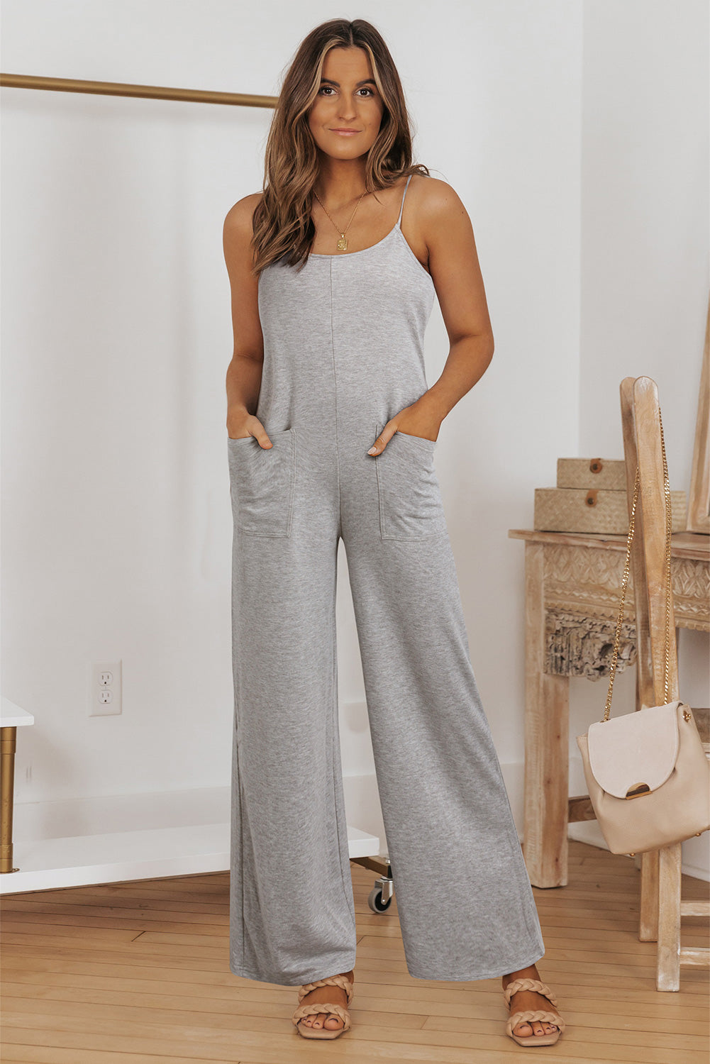 - Gray Loose Fit Side Pockets Spaghetti Strap Wide Leg Jumpsuit - Jumpsuits & Rompers at TFC&H Co.