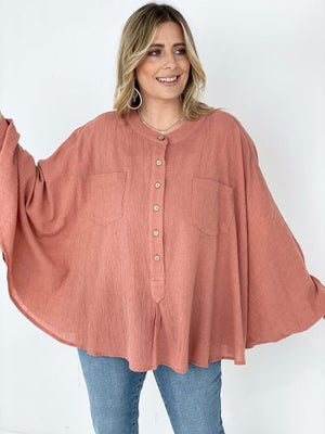 MAUVE - Easel Textured Cotton Linen Oversized Top - Ships from The US - womens blouse at TFC&H Co.