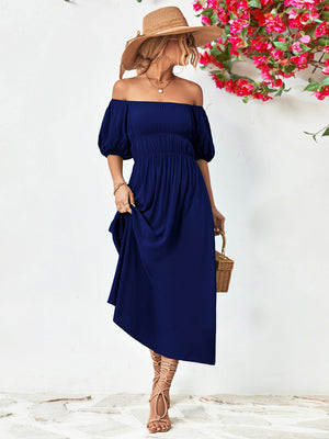 - Off-Shoulder Balloon Sleeve Midi Dress - colors - womens dress at TFC&H Co.