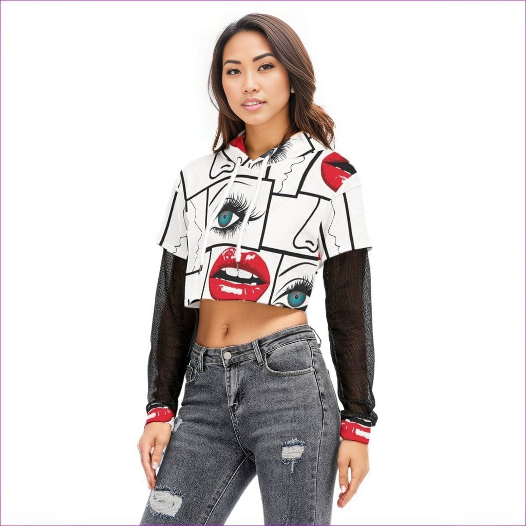 - Attributes Womens Fake Two-piece Mesh Sleeve Cropped Hoodie - womens cropped hoodie at TFC&H Co.