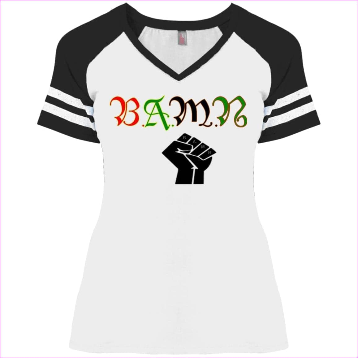 White/Black B.A.M.N (By Any Means Necessary) Ladies' Game V-Neck T-Shirt - women's t-shirts at TFC&H Co.