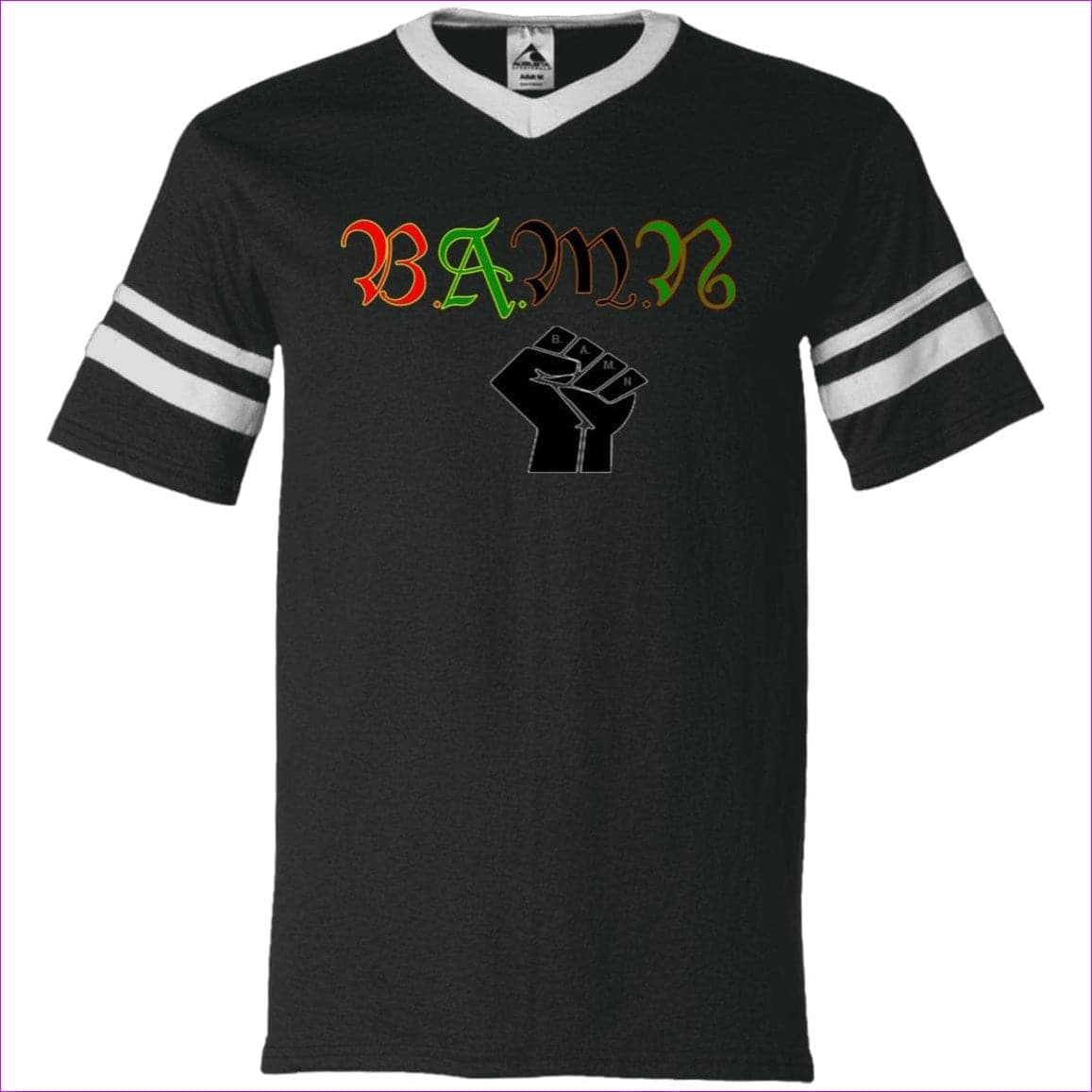Black White - B.A.M.N - By Any Means Necessary Men's V-Neck Sleeve Stripe Jersey - mens t-shirt at TFC&H Co.