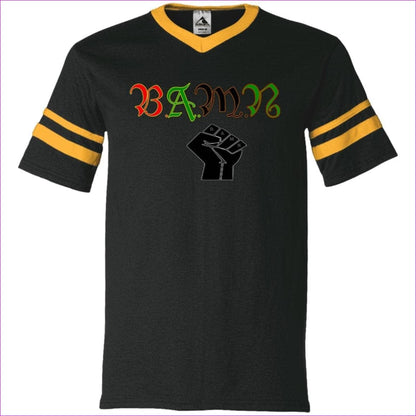 Black/Gold B.A.M.N (By Any Means Necessary) Men's V-Neck Sleeve Stripe Jersey - men's t-shirt at TFC&H Co.