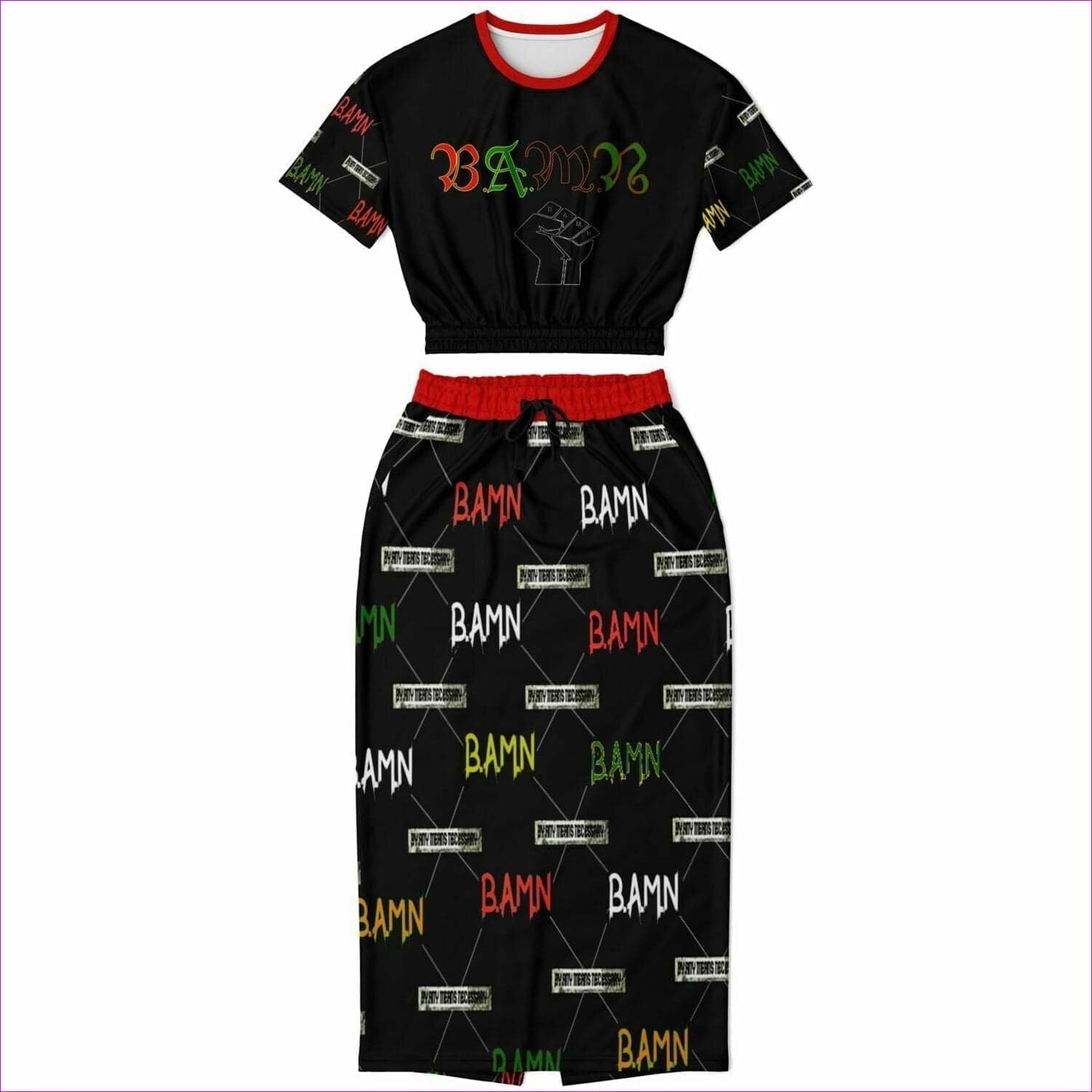 B.A.M.N in Color (By Any Means Necessary) Womens Premium Crop Top Skirt Set - Fashion Cropped Short Sleeve Sweatshirt and Long Pocket Skirt Set – AOP at TFC&H Co.