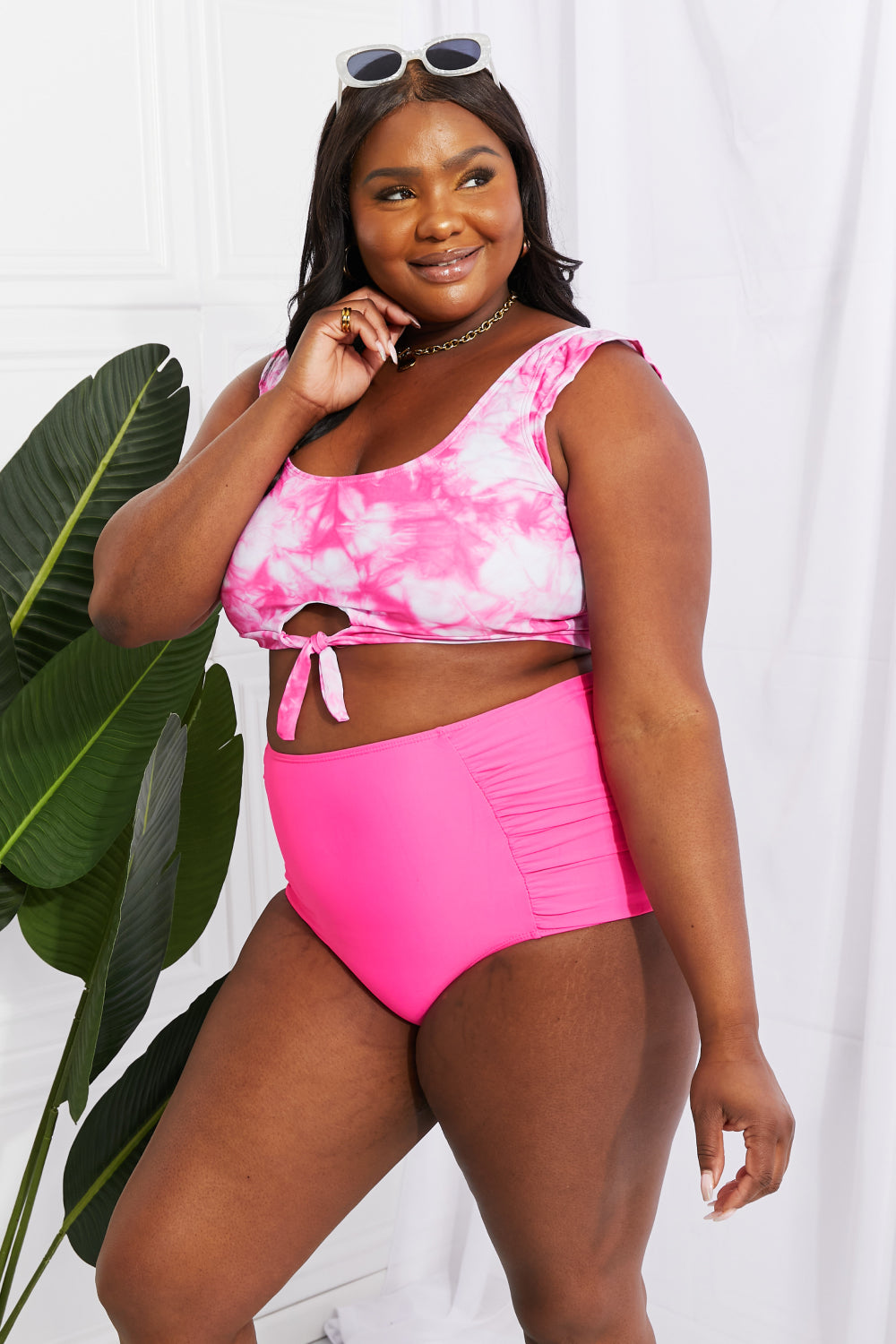 - Marina West Swim Sanibel Crop Swim Top and Ruched Bottoms Set in Pink - Ships from The US - womens bikini set at TFC&H Co.
