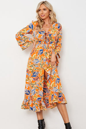 - Printed Layered Flare Sleeve Split Tied Dress - womens dress at TFC&H Co.