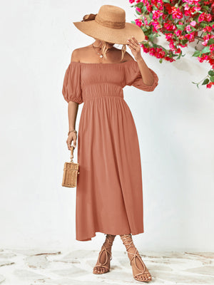 PALE BLUSH - Off-Shoulder Balloon Sleeve Midi Dress - colors - womens dress at TFC&H Co.