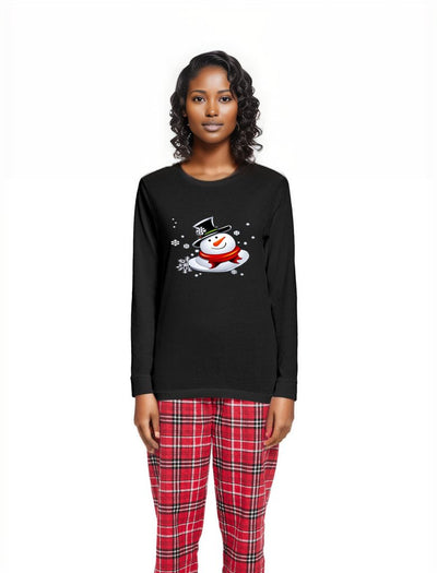 S Black and Red Flannel Snow Man's Delight Women's Long Sleeve Top and Flannel Christmas Pajama Set - women's pajamas at TFC&H Co.